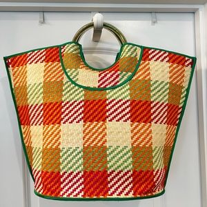 Large vintage rattan straw plaid tote bag beach pool vacation